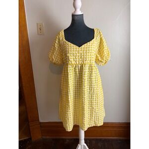 Yellow Gingham Puff Sleeve Seersucker Mini Dress Sweetheart Neck Cottagecore S